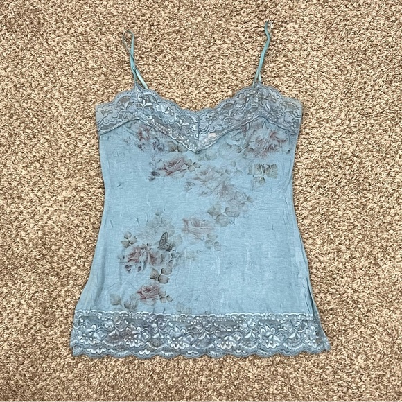 Vintage Tops - Vintage Y2K 2000s fairy floral butterfly lace trim tank top